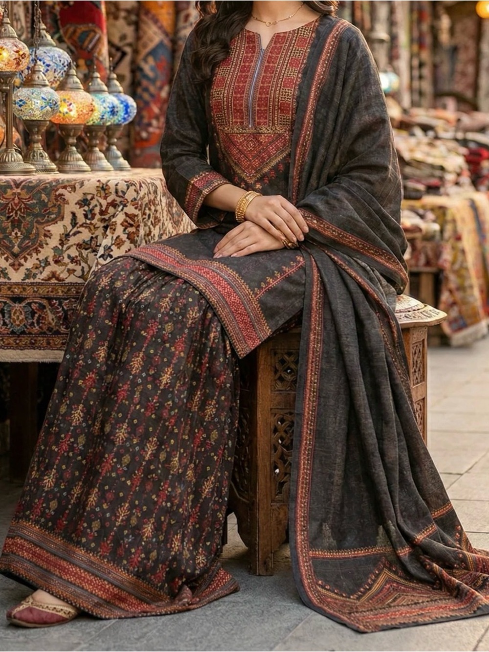 Elegant Black & Rust Printed Women's 3Pc  Set by Mohagni in Large